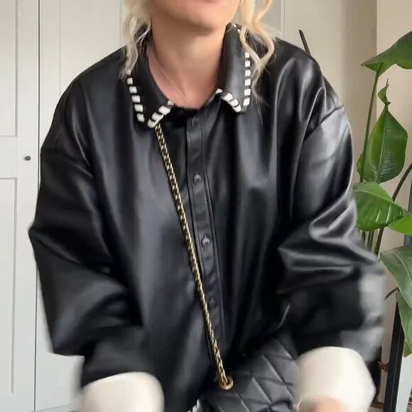 H&M Black and White Leather Jacket with Studded Collar - Picture 9 of 11